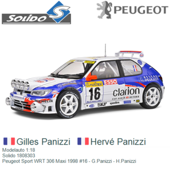Modelauto 1:18 | Solido 1808303 | Peugeot Sport WRT 306 Maxi 1998 #16 - G.Panizzi - H.Panizzi