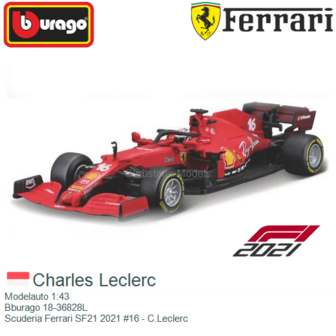 Modelauto 1:43 | Bburago 18-36828L | Scuderia Ferrari SF21 2021 #16 - C.Leclerc