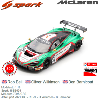 Modelauto 1:18 | Spark 18SB034 | McLaren 720S GR3 | Jota Sport 2021 #38 - R.Bell - O.Wilkinson - B.Barnicoat