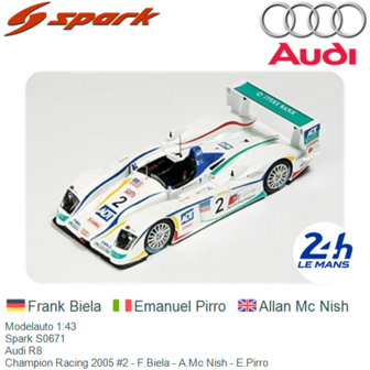 Modelauto 1:43 | Spark S0671 | Audi R8 | Champion Racing 2005 #2 - F.Biela - A.Mc Nish - E.Pirro