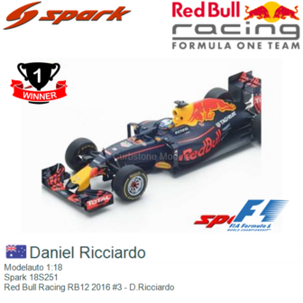Modelauto 1:18 | Spark 18S251 | Red Bull Racing RB12 2016 #3 - D.Ricciardo