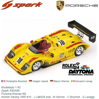 Modelauto 1:43 | Spark 43DA95 | Porsche Kremer K8 | Kremer Racing 1995 #10 - J.L&amp;#228;ssid - M.Werner - C.Bouchut - G.Lavag