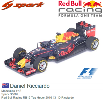 Modelauto 1:43 | Spark S5007 | Red Bull Racing RB12 Tag Heuer 2016 #3 - D.Ricciardo