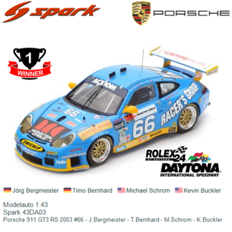 Modelauto 1:43 | Spark 43DA03 | Porsche 911 GT3 RS 2003 #66 - J.Bergmeister - T.Bernhard - M.Schrom - K.Buckler