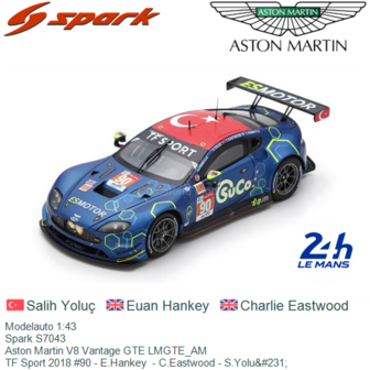 Modelauto 1:43 | Spark S7043 | Aston Martin V8 Vantage GTE LMGTE_AM | TF Sport 2018 #90 - E.Hankey  - C.Eastwood - S.Yolu&amp;#