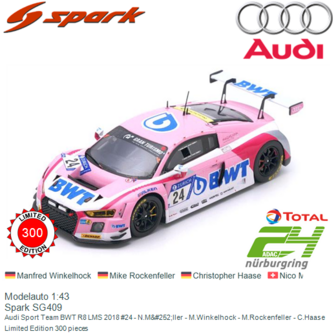 Modelauto 1:43 | Spark SG409 | Audi Sport Team BWT R8 LMS 2018 #24 - N.M&amp;#252;ller - M.Winkelhock - M.Rockenfeller - C.Haas