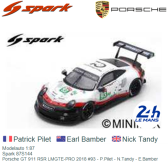 Modelauto 1:87 | Spark 87S144 | Porsche GT 911 RSR LMGTE-PRO 2018 #93 - P.Pilet - N.Tandy - E.Bamber