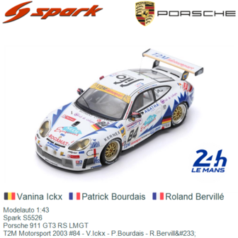 Modelauto 1:43 | Spark S5526 | Porsche 911 GT3 RS LMGT | T2M Motorsport 2003 #84 - V.Ickx - P.Bourdais - R.Bervill&amp;#233;