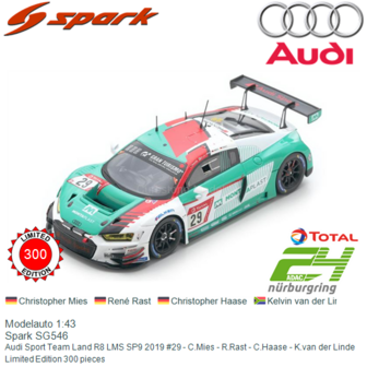 Modelauto 1:43 | Spark SG546 | Audi Sport Team Land R8 LMS SP9 2019 #29 - C.Mies - R.Rast - C.Haase - K.van der Linde