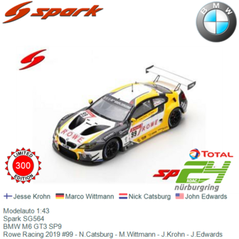 Modelauto 1:43 | Spark SG564 | BMW M6 GT3 SP9 | Rowe Racing 2019 #99 - N.Catsburg - M.Wittmann - J.Krohn - J.Edwards