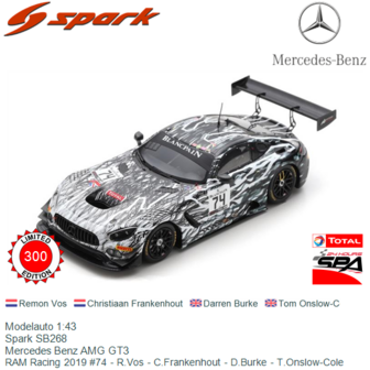 Modelauto 1:43 | Spark SB268 | Mercedes Benz AMG GT3 | RAM Racing 2019 #74 - R.Vos - C.Frankenhout - D.Burke - T.Onslow-Cole
