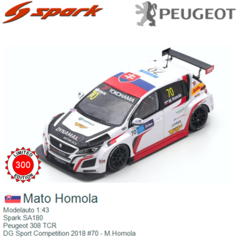 Modelauto 1:43 | Spark SA180 | Peugeot 308 TCR | DG Sport Competition 2018 #70 - M.Homola