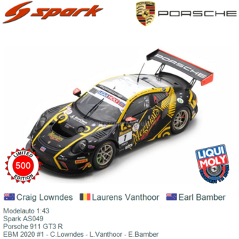 Modelauto 1:43 | Spark AS049 | Porsche 911 GT3 R | EBM 2020 #1 - C.Lowndes - L.Vanthoor - E.Bamber