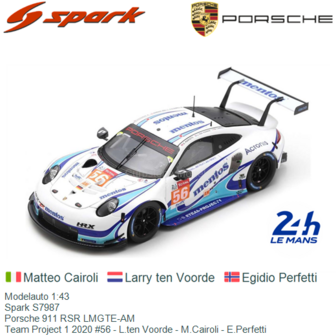 Modelauto 1:43 | Spark S7987 | Porsche 911 RSR LMGTE-AM | Team Project 1 2020 #56 - L.ten Voorde - M.Cairoli - E.Perfetti