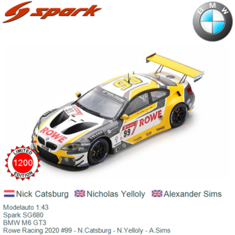 Modelauto 1:43 | Spark SG680 | BMW M6 GT3 | Rowe Racing 2020 #99 - N.Catsburg - N.Yelloly - A.Sims