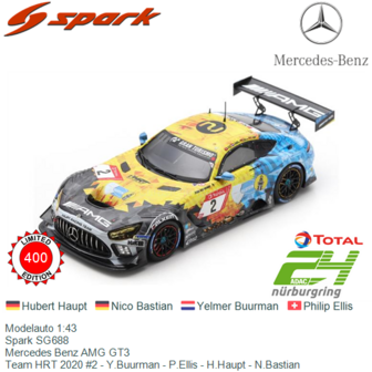 Modelauto 1:43 | Spark SG688 | Mercedes Benz AMG GT3 | Team HRT 2020 #2 - Y.Buurman - P.Ellis - H.Haupt - N.Bastian