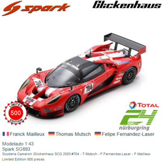 Modelauto 1:43 | Spark SG693 | Scuderia Cameron Glickenhaus SCG 2020 #704 - T.Mutsch - F.Fernandez-Laser - F.Mailleux