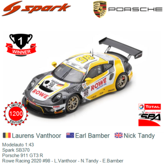 Modelauto 1:43 | Spark SB370 | Porsche 911 GT3 R | Rowe Racing 2020 #98 - L.Vanthoor - N.Tandy - E.Bamber