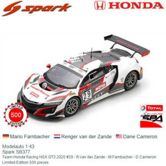 Modelauto 1:43 | Spark SB377 | Team Honda Racing NSX GT3 2020 #29 - R.van der Zande - M.Farnbacher - D.Cameron