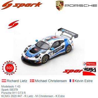 Modelauto 1:43 | Spark SB379 | Porsche 911 GT3 R | KCMG 2020 #47 - R.Lietz - M.Christensen - K.Estre