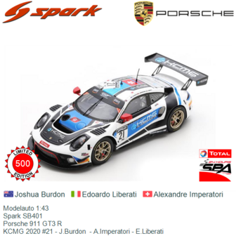 Modelauto 1:43 | Spark SB401 | Porsche 911 GT3 R | KCMG 2020 #21 - J.Burdon  - A.Imperatori - E.Liberati