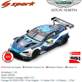 Modelauto 1:43 | Spark SB403 | Aston Martin Vantage AMR GT3 | Garage 59 2020 #159 - R.de Angelis - V.Hasse-Clot - A.Watson - J.