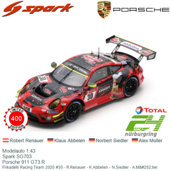 Modelauto 1:43 | Spark SG703 | Porsche 911 GT3 R | Frikadelli Racing Team 2020 #30 - R.Renauer - K.Abbelen - N.Siedler - A.M&amp;am