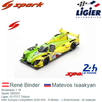 Modelauto 1:18 | Spark 18S554 | Ligier JS P217 Gibson | Inter Europol Competition 2020 #34 - R.Binder - J.Smiechowski - M.Isaak