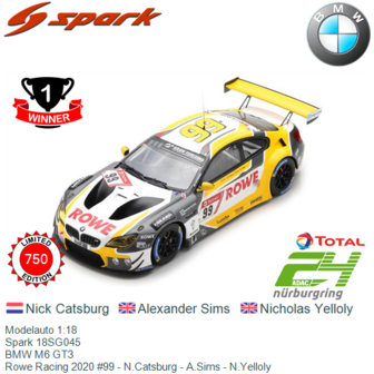 Modelauto 1:18 | Spark 18SG045 | BMW M6 GT3 | Rowe Racing 2020 #99 - N.Catsburg - A.Sims - N.Yelloly