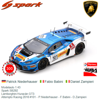 Modelauto 1:43 | Spark SB292 | Lamborghini Hurac&aacute;n GT3 | Attempto Racing 2016 #101 - P.Niederhauser - F.Babini - D.Zampier