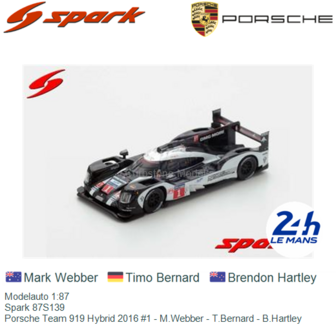 Modelauto 1:87 | Spark 87S139 | Porsche Team 919 Hybrid 2016 #1 - M.Webber - T.Bernard - B.Hartley