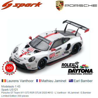 Modelauto 1:43 | Spark US121 | Porsche GT Team 911 GT3 RSR GTLM 2020 #912 - L.Vanthoor - M.Jaminet - E.Bamber