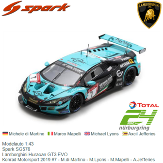 Modelauto 1:43 | Spark SG576 | Lamborghini Huracan GT3 EVO | Konrad Motorsport 2019 #7 - M.di Martino - M.Lyons - M.Mapelli - A