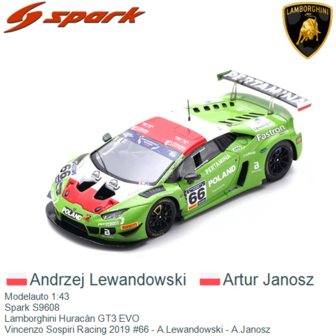 Modelauto 1:43 | Spark S9608 | Lamborghini Hurac&aacute;n GT3 EVO | Vincenzo Sospiri Racing 2019 #66 - A.Lewandowski - A.Janosz