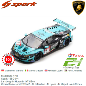 Modelauto 1:18 | Spark 18SG044 | Lamborghini Hurac&aacute;n GT3 Evo | Konrad Motorsport 2019 #7 - M.di Martino - M.Lyons - M.Mape