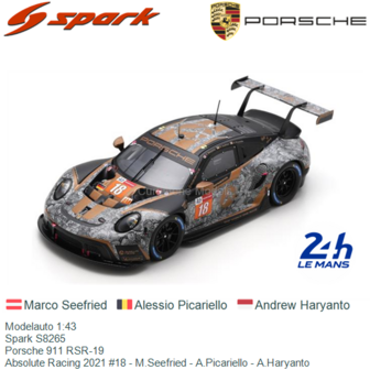 Modelauto 1:43 | Spark S8265 | Porsche 911 RSR-19 | Absolute Racing 2021 #18 - M.Seefried - A.Picariello - A.Haryanto