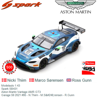 Modelauto 1:43 | Spark SB431 | Aston Martin Vantage AMR GT3 | Garage 59 2021 #95 - N.Thiim - M.S&amp;#248;rensen - R.Gunn