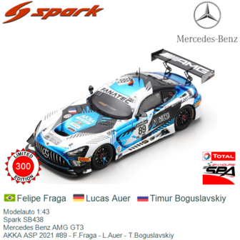 Modelauto 1:43 | Spark SB438 | Mercedes Benz AMG GT3 | AKKA ASP 2021 #89 - F.Fraga - L.Auer - T.Boguslavskiy