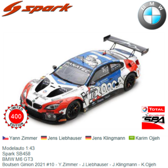 Modelauto 1:43 | Spark SB458 | BMW M6 GT3 | Boutsen Ginion 2021 #10 - Y.Zimmer - J.Liebhauser - J.Klingmann - K.Ojjeh