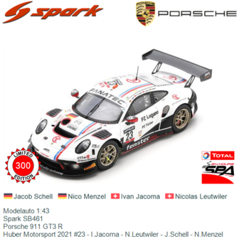 Modelauto 1:43 | Spark SB461 | Porsche 911 GT3 R | Huber Motorsport 2021 #23 - I.Jacoma - N.Leutwiler - J.Schell - N.Menzel