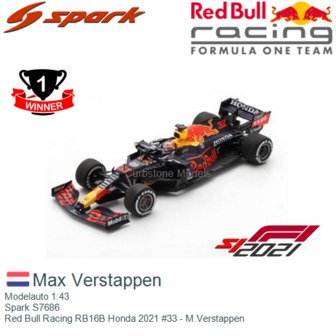 Modelauto 1:43 | Spark S7686 | Red Bull Racing RB16B Honda 2021 #33 - M.Verstappen