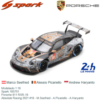 Modelauto 1:18 | Spark 18S701 | Porsche 911 RSR-19 | Absolute Racing 2021 #18 - M.Seefried - A.Picariello - A.Haryanto