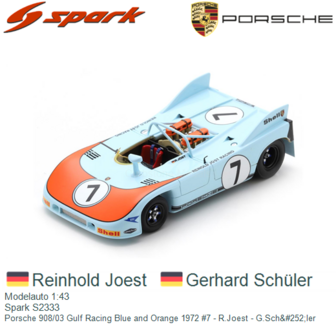 Modelauto 1:43 | Spark S2333 | Porsche 908/03 Gulf Racing Blue and Orange 1972 #7 - R.Joest - G.Sch&amp;#252;ler