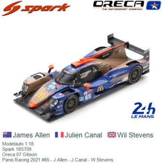 Modelauto 1:18 | Spark 18S709 | Oreca 07 Gibson | Panis Racing 2021 #65 - J.Allen - J.Canal - W.Stevens