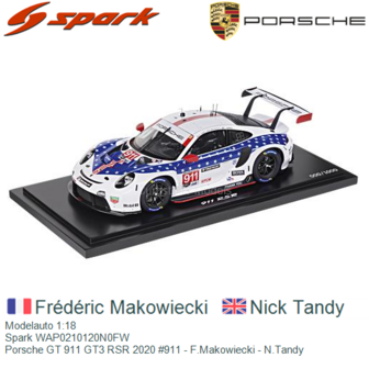 Modelauto 1:18 | Spark WAP0210120N0FW | Porsche GT 911 GT3 RSR 2020 #911 - F.Makowiecki - N.Tandy