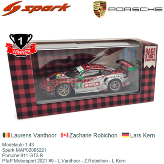 Modelauto 1:43 | Spark MAP02085221 | Porsche 911 GT3 R | Pfaff Motorsport 2021 #9 - L.Vanthoor - Z.Robichon - L.Kern