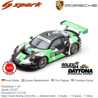 Modelauto 1:43 | Spark US127 | Porsche 911 GT3 R | Black Swan Racing 2020 #54 - J.Bleekemolen - S.Muller - T.Pappas - T.Estep