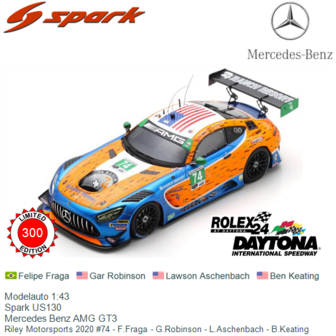 Modelauto 1:43 | Spark US130 | Mercedes Benz AMG GT3 | Riley Motorsports 2020 #74 - F.Fraga - G.Robinson - L.Aschenbach - B.Kea