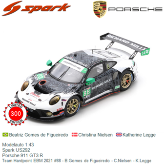 Modelauto 1:43 | Spark US292 | Porsche 911 GT3 R | Team Hardpoint EBM 2021 #88 - B.Gomes de Figueiredo - C.Nielsen - K.Legge
