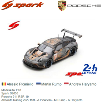 Modelauto 1:43 | Spark S8656 | Porsche 911 RSR-19 | Absolute Racing 2022 #99 - A.Picariello - M.Rump - A.Haryanto
